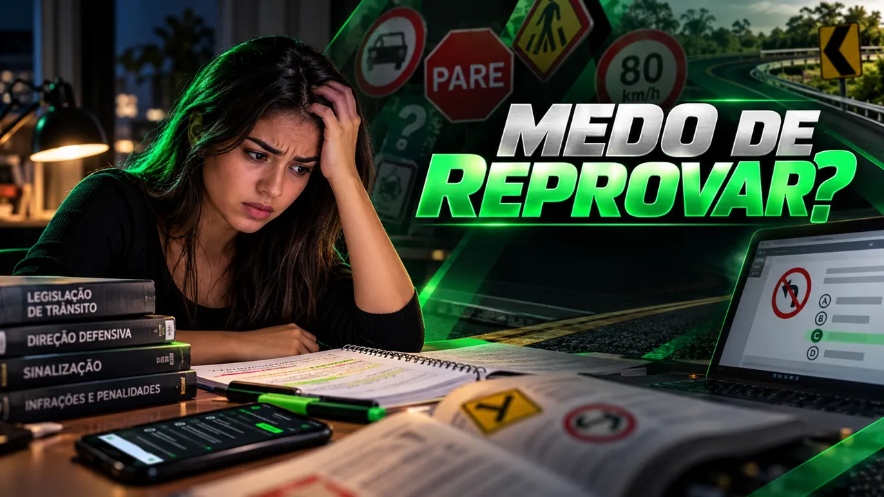 Ilustração de uma estudante com dúvidas e receio de reprovar na prova teórica